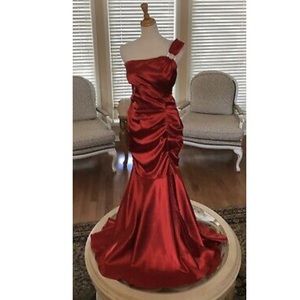 Blondie Nites Red Satin One Strap Mermaid Gown